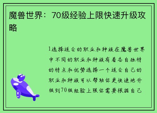 魔兽世界：70级经验上限快速升级攻略